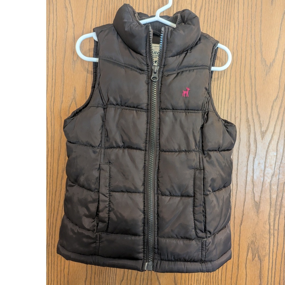 Old Navy Puffer Vest Brown Fleece Lined Full Zip Pink Deer Logo Girls XS